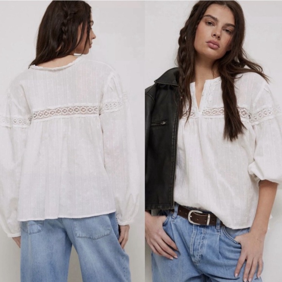NWOT FREE PEOPLE WOMENS ELLA WHITE DOT BLOUSE BOHO LONG SLEEVE 100% COTTON LARGE - Picture 1 of 7